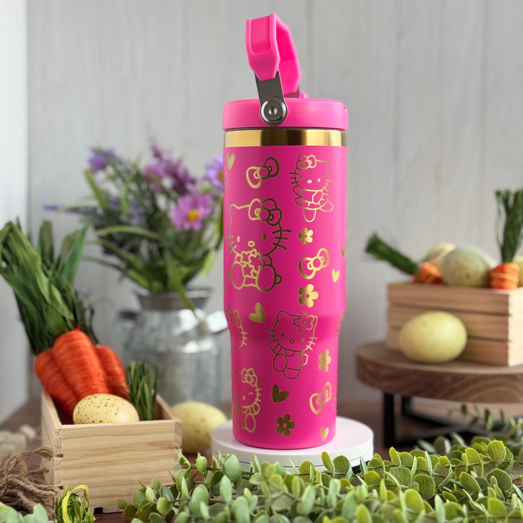 Hello Kitty Engraved Pink to Gold Plated 30 oz Ice Flow Dupe Tumbler 