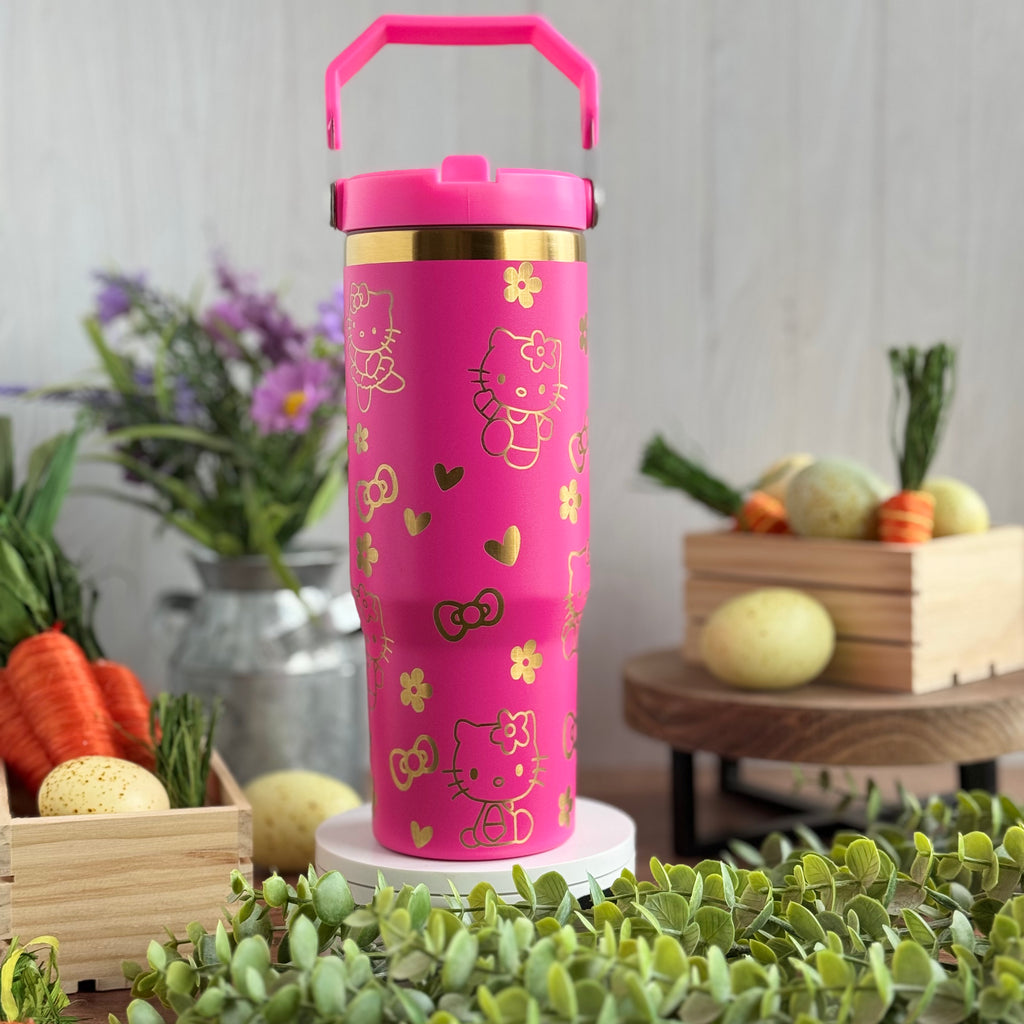 Hello Kitty Engraved Pink to Gold Plated 30 oz Ice Flow Dupe Tumbler 