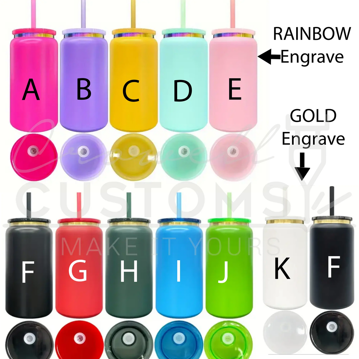 a collection of colorful, personalized drinkware with engraved letters and straws.