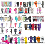 a variety of colorful stainless steel tumblers and mugs, each with unique engravings and designs. The tumblers are arranged in rows and columns, showcasing a range of colors and patterns. The image includes a collection of tumblers in various sizes and shapes, as well as a few cups and mugs. The tumblers are arranged in a grid-like pattern, with some overlapping each other. The image also includes a few cups and mugs with different designs and colors, adding to the overall visual appeal.