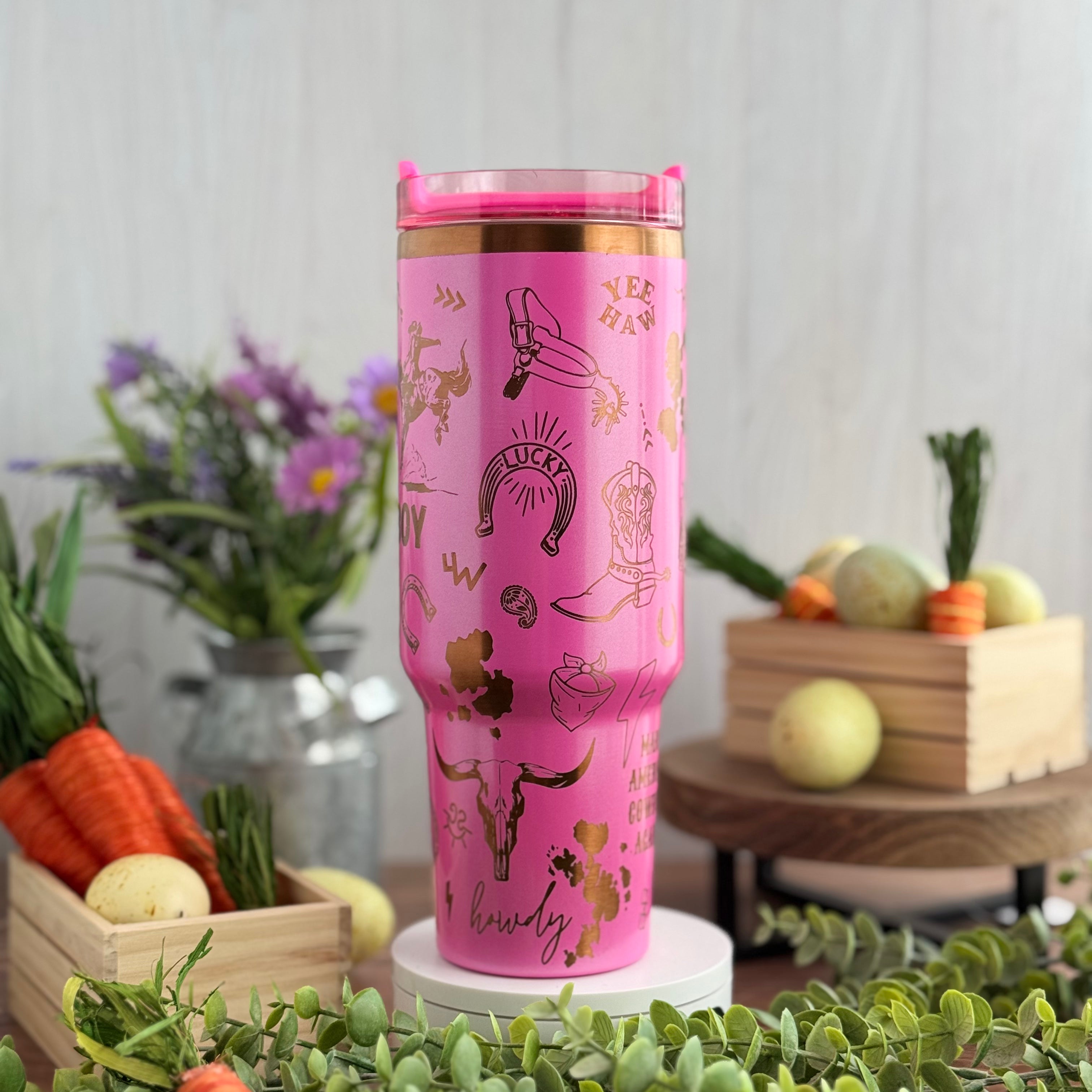 Hey Cowboy Western Engraved Pink Shimmer to Copper 40oz Tumbler 