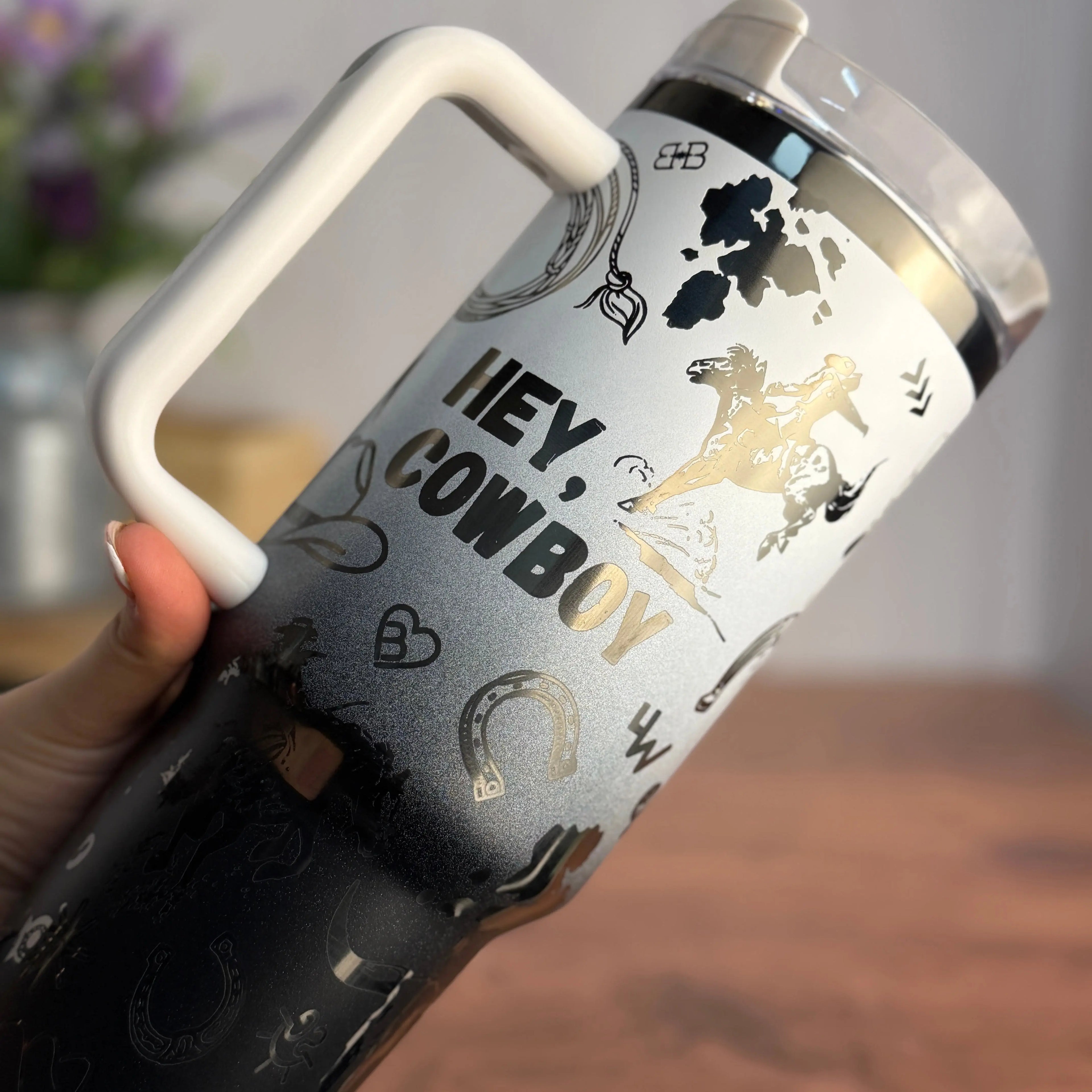 Hey, Cowboy Tumbler White to Black Ombre to Black 40 oz tumbler 