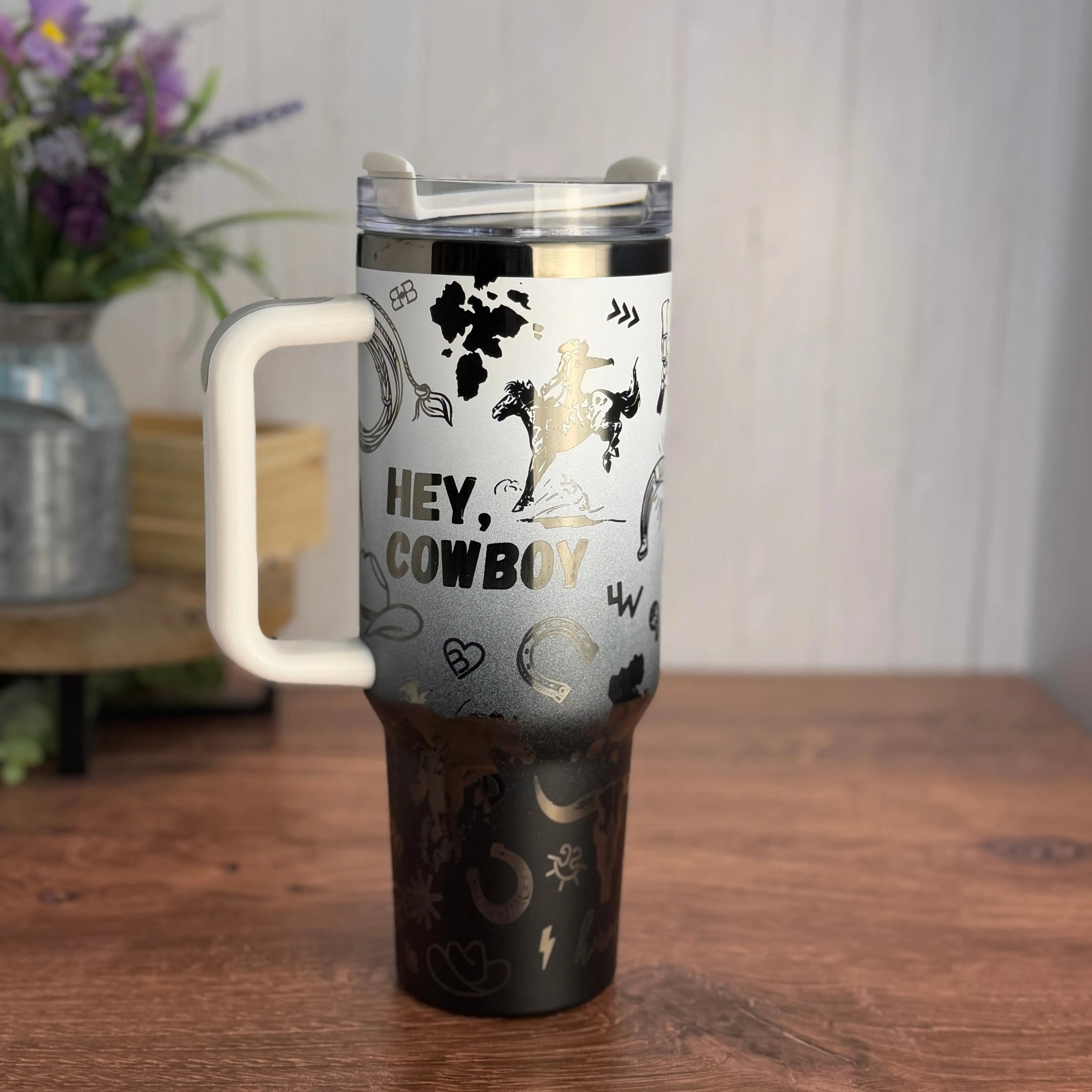 Hey, Cowboy Tumbler White to Black Ombre to Black 40 oz tumbler 