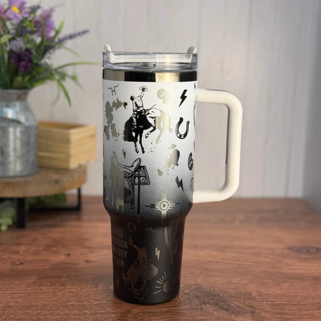 Hey, Cowboy Tumbler White to Black Ombre to Black 40 oz tumbler 