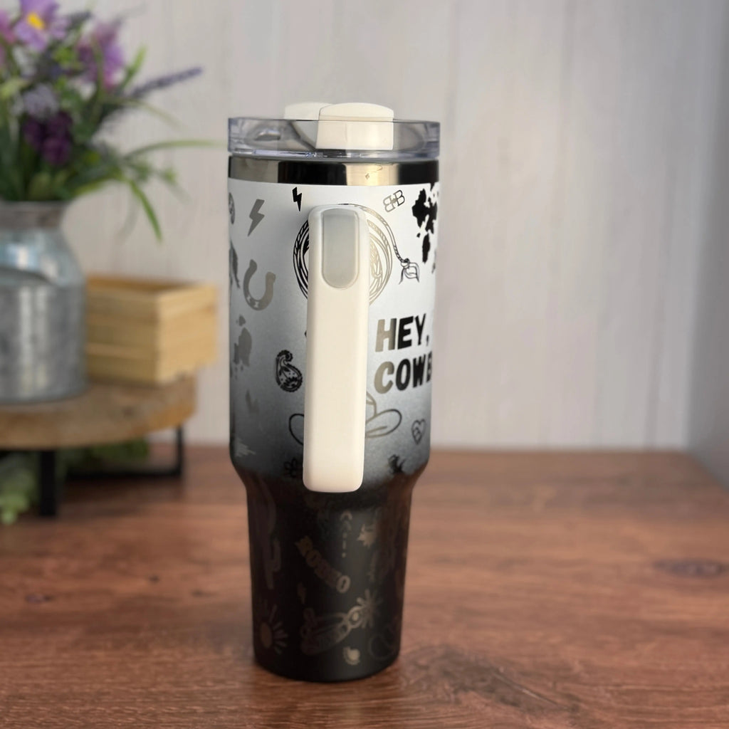 Hey, Cowboy Tumbler White to Black Ombre to Black 40 oz tumbler 