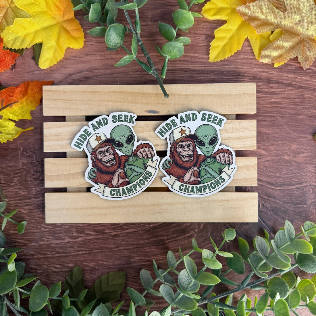 Hide and Seek Champions (Big Foot & Alien) | UV Printed Leather Hat Patch 