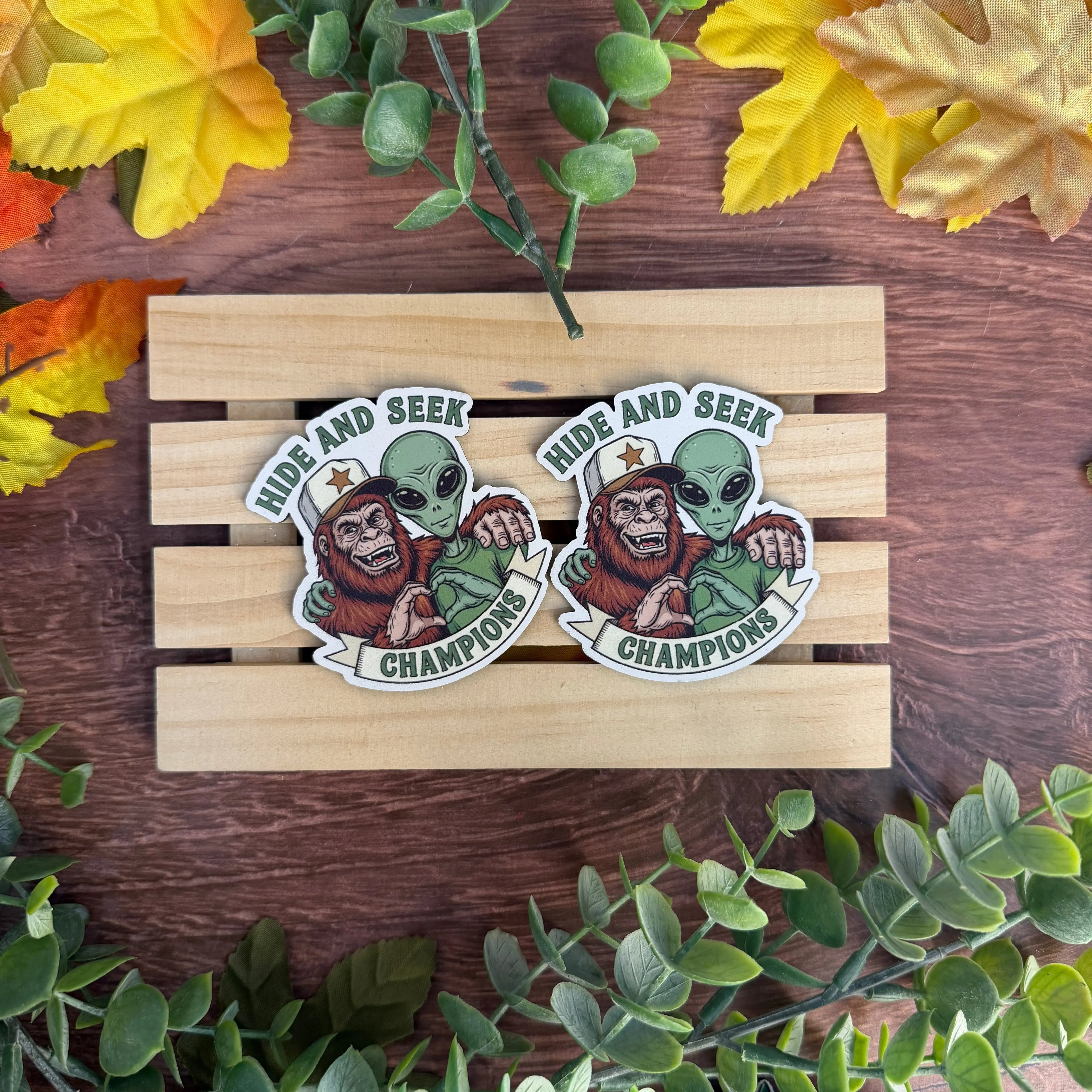 Hide and Seek Champions (Big Foot & Alien) | UV Printed Leather Hat Patch 