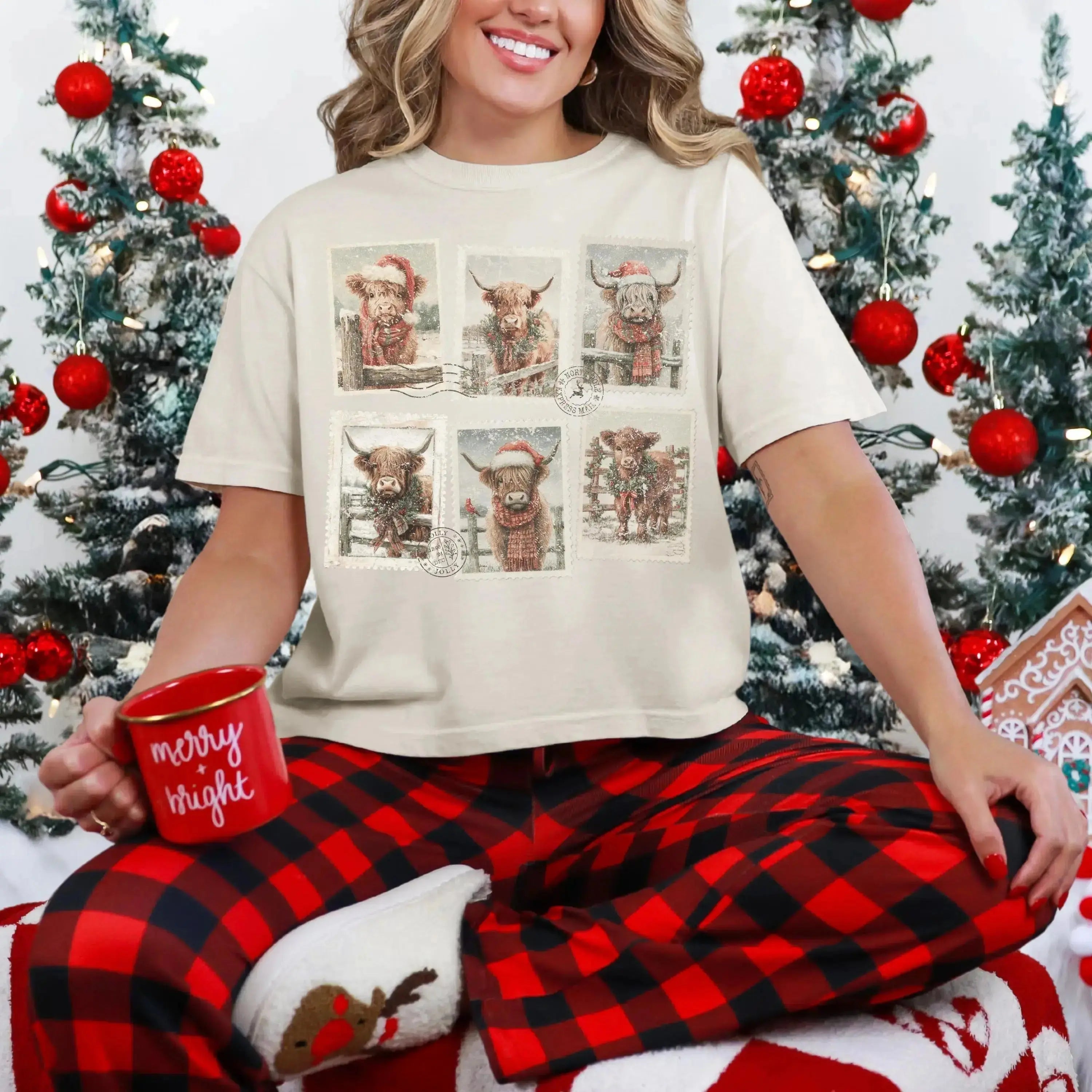 Highland Cow Christmas Stamps – Tee / Long Sleeve / Hoodie / Crewneck