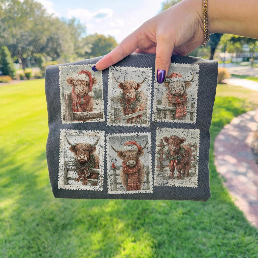 Highland Cow Christmas Stamps – Tee / Long Sleeve / Hoodie / Crewneck
