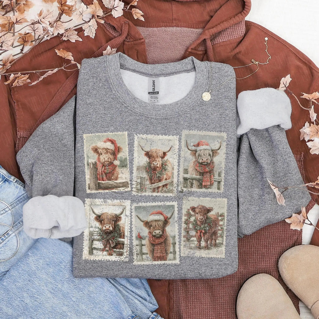 Highland Cow Christmas Stamps – Tee / Long Sleeve / Hoodie / Crewneck