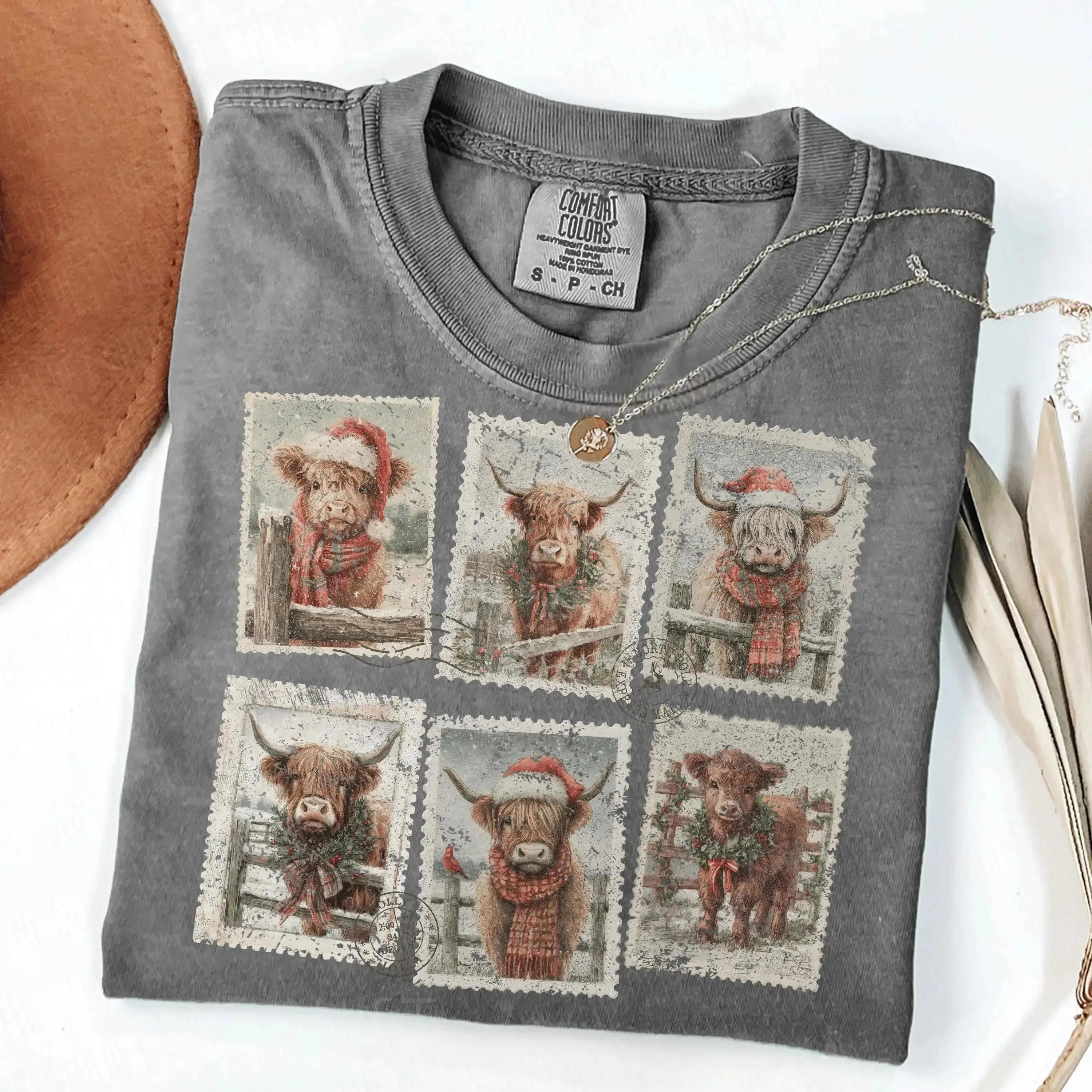 Highland Cow Christmas Stamps – Tee / Long Sleeve / Hoodie / Crewneck