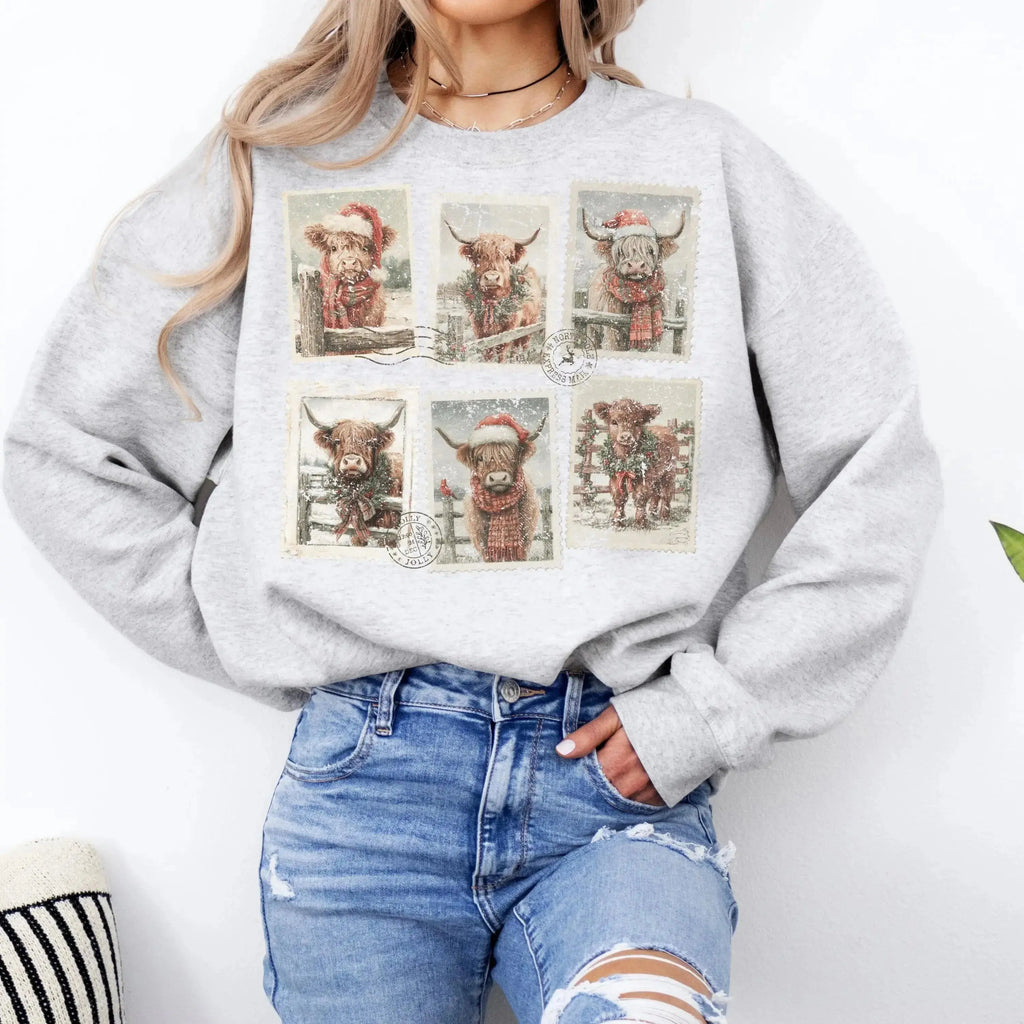 Highland Cow Christmas Stamps – Tee / Long Sleeve / Hoodie / Crewneck