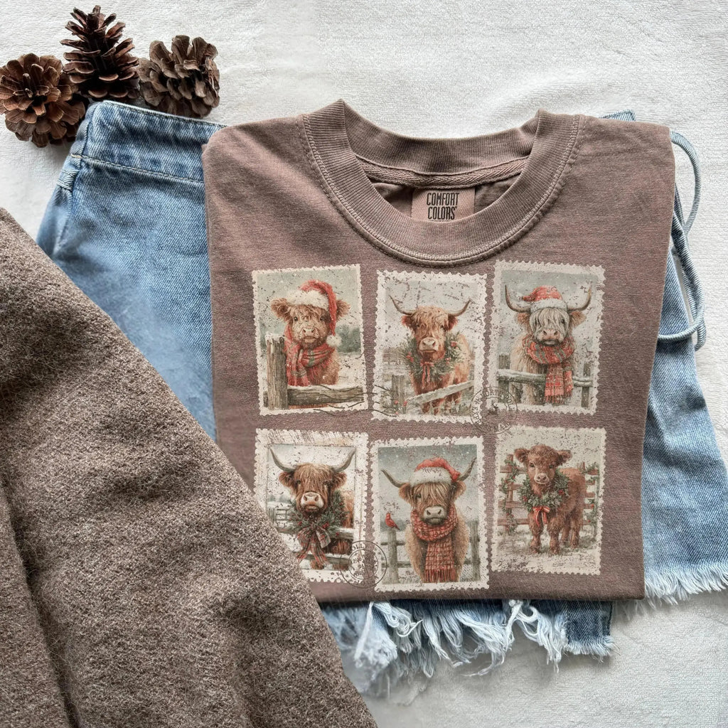 Highland Cow Christmas Stamps – Tee / Long Sleeve / Hoodie / Crewneck