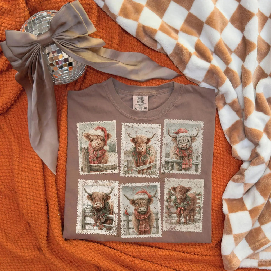 Highland Cow Christmas Stamps – Tee / Long Sleeve / Hoodie / Crewneck