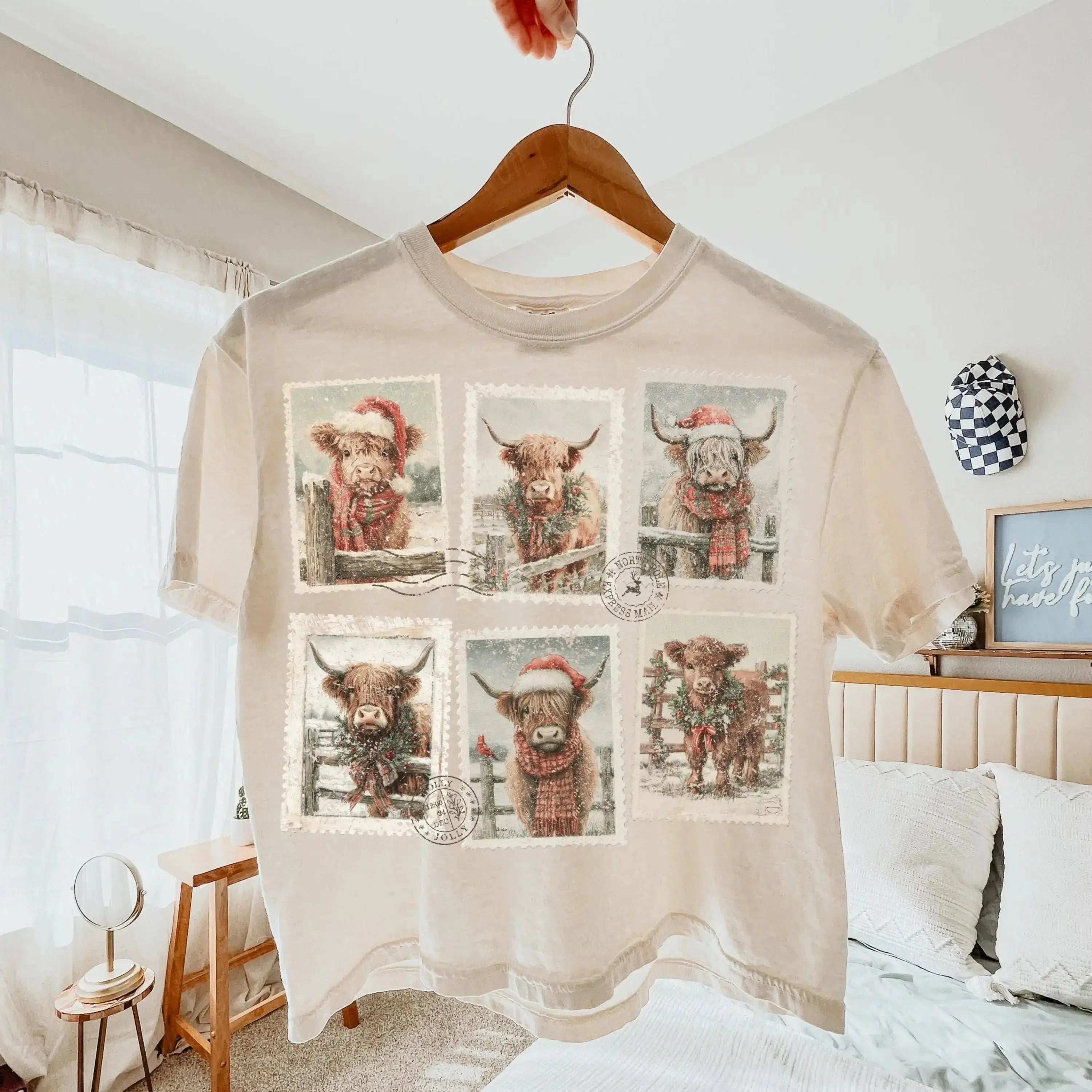 Highland Cow Christmas Stamps – Tee / Long Sleeve / Hoodie / Crewneck