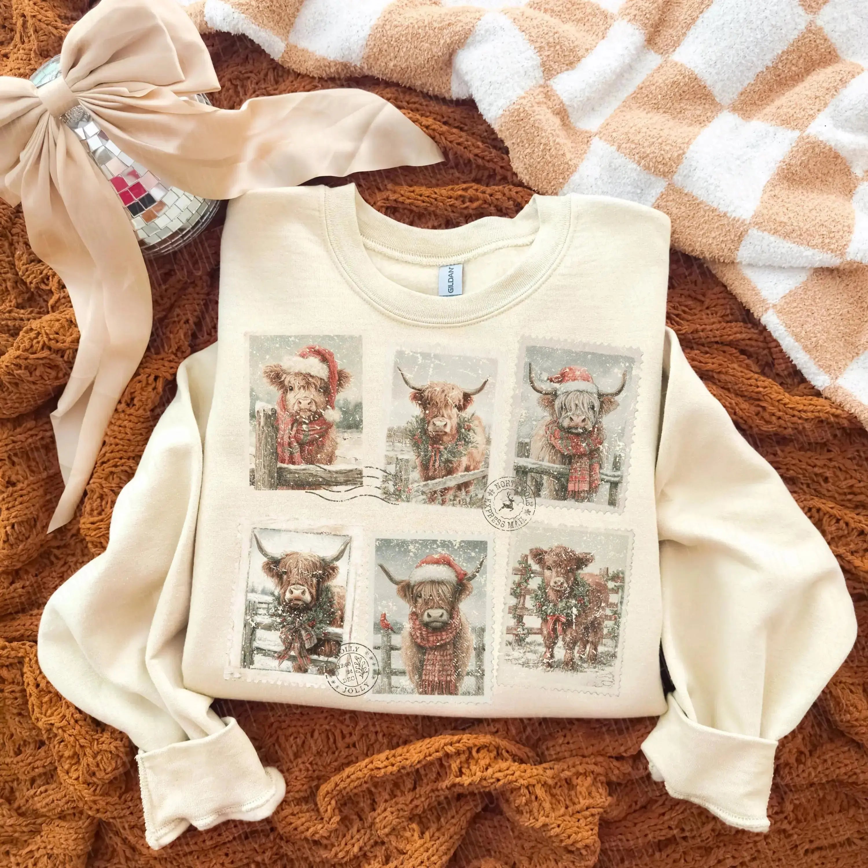 Highland Cow Christmas Stamps – Tee / Long Sleeve / Hoodie / Crewneck