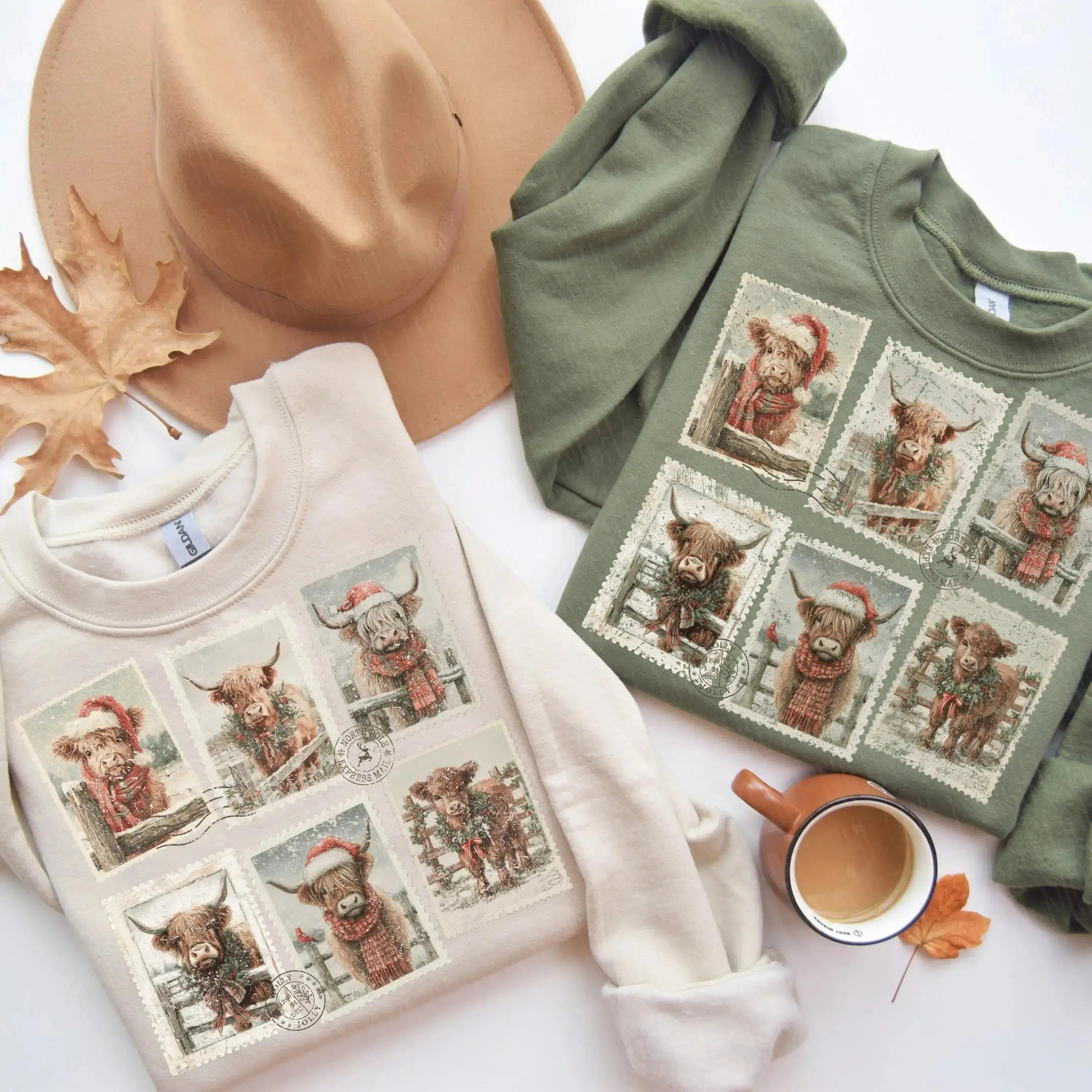 Highland Cow Christmas Stamps – Tee / Long Sleeve / Hoodie / Crewneck