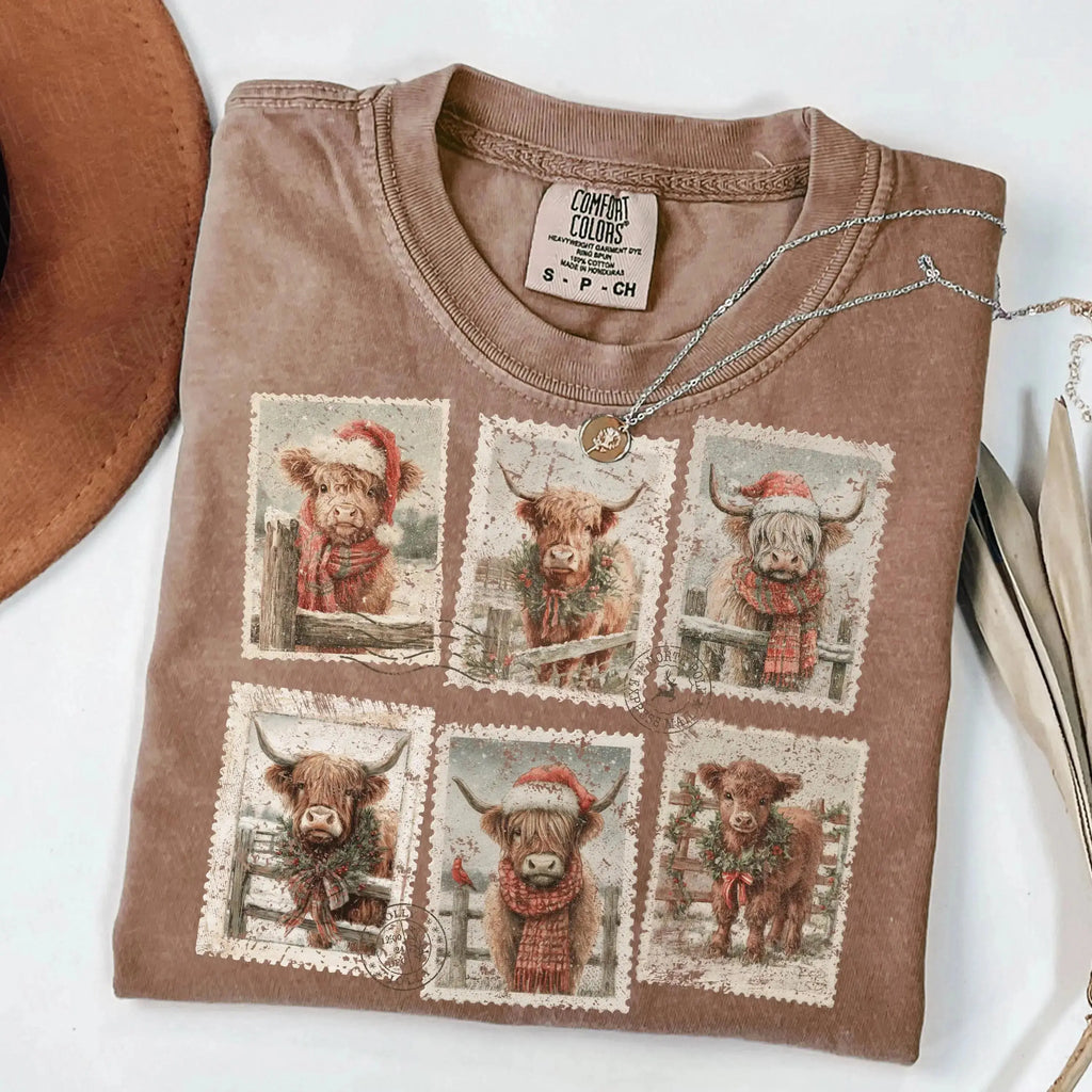 Highland Cow Christmas Stamps – Tee / Long Sleeve / Hoodie / Crewneck