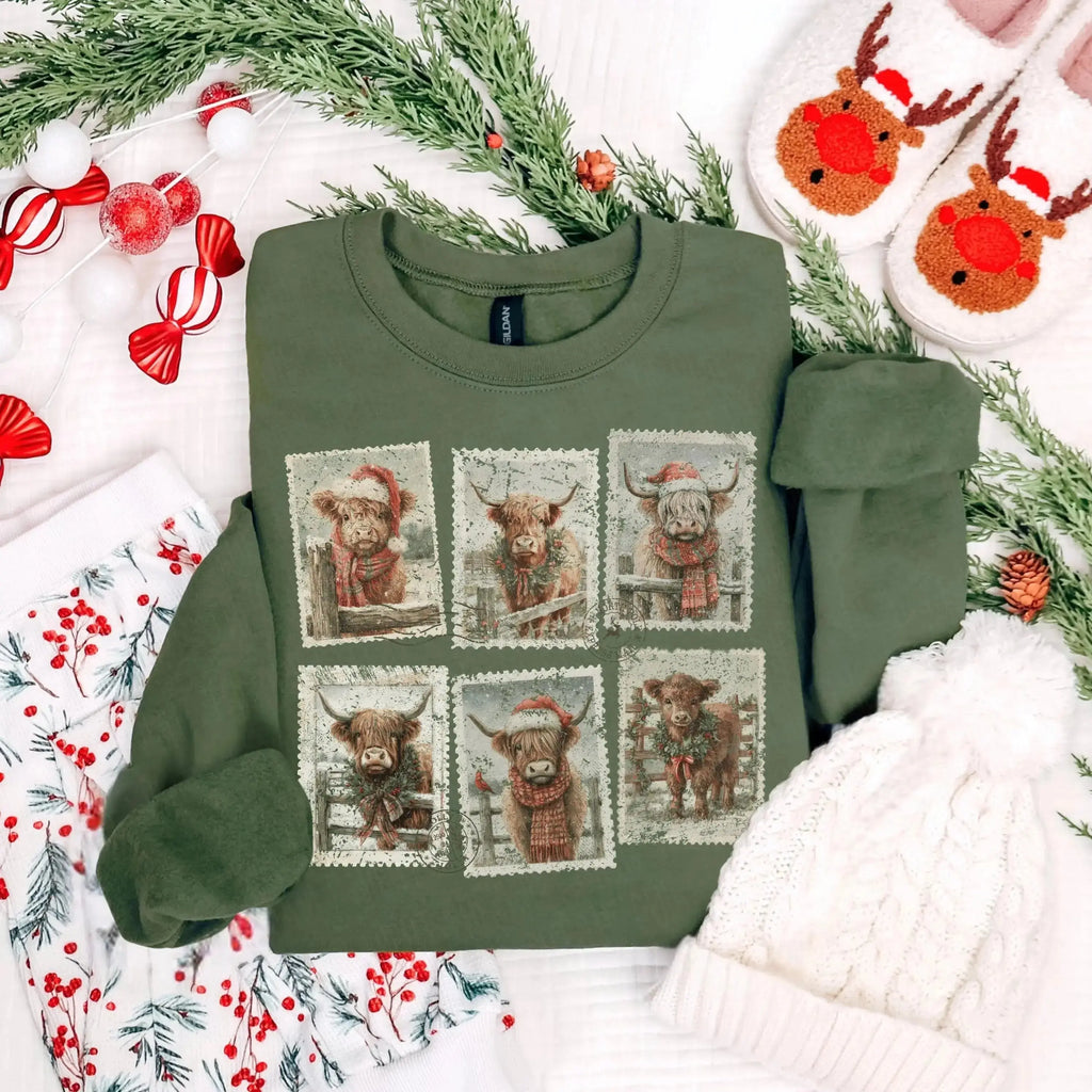 Highland Cow Christmas Stamps – Tee / Long Sleeve / Hoodie / Crewneck