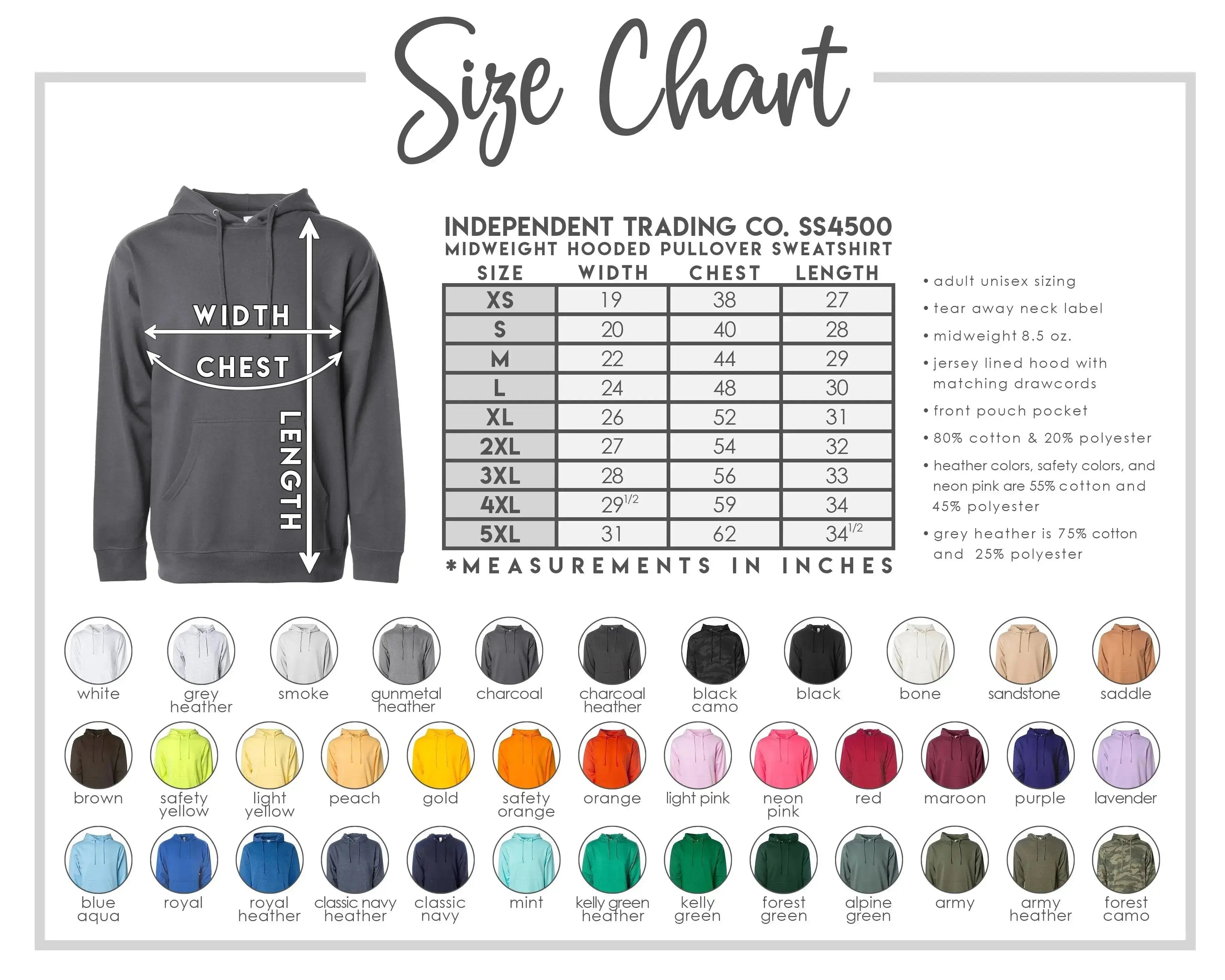 The image is a size chart for an adult unisex pullover sweater, including a gray hoodie and a black pullover. The chart provides measurements for chest, waist, and length, along with color options for the pullover.