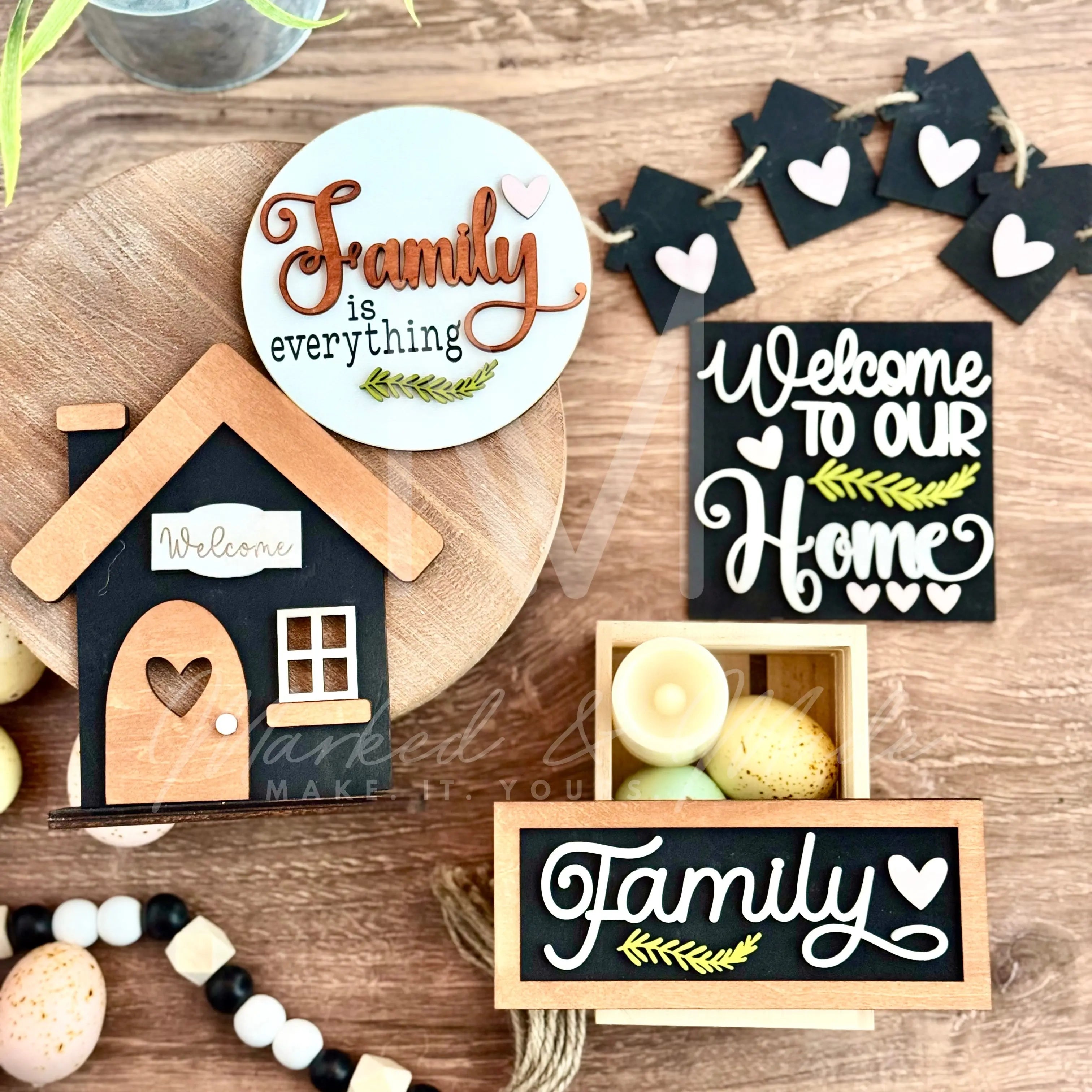 Home Collection Decor Set | Good For Tiered Trays or Shelf | Votive Holder | Sign | Decor | Rustic 
