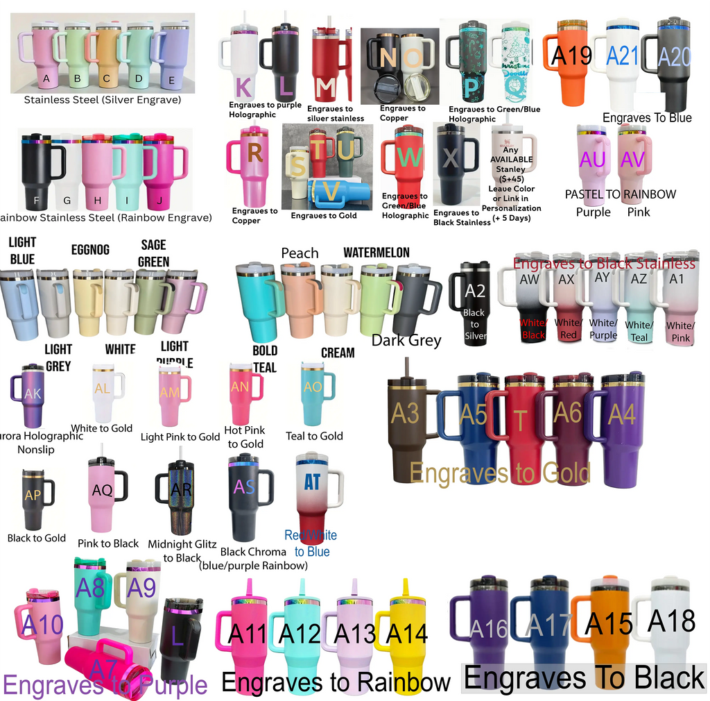 a variety of colorful stainless steel tumblers and mugs, each with unique engravings and designs. The tumblers are arranged in rows and columns, showcasing a range of colors and patterns. The image includes a collection of tumblers in various sizes and shapes, as well as a few cups and mugs. The tumblers are arranged in a grid-like pattern, with some overlapping each other. The image also includes a few cups and mugs with different designs and colors, adding to the overall visual appeal.