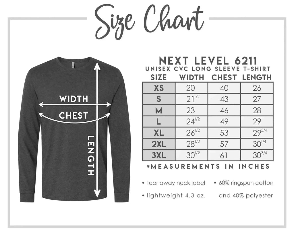 The image is a size chart for a long sleeve t-shirt, providing measurements for different chest sizes.