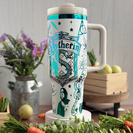 Slytherin Engraved Tumbler (v2) White to Green/Blue 40oz