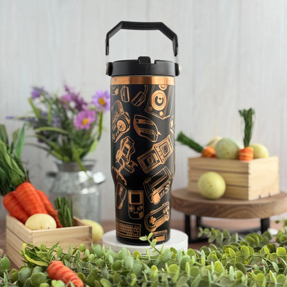 Video Game Engraved Black to Copper Plated 30 oz Ice Flow Dupe Tumbler