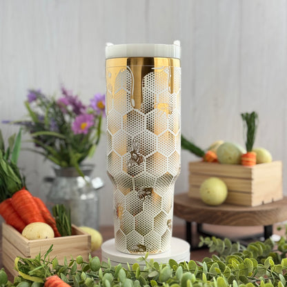 Honeycomb | Honey Bee Engraved White to Gold 40oz Tumbler