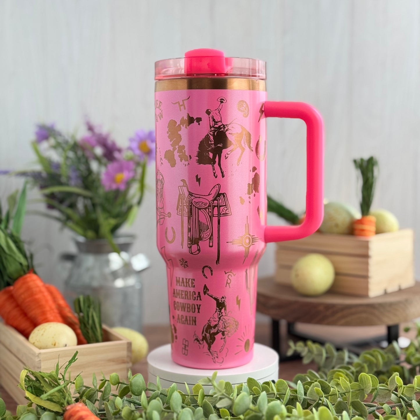 Hey Cowboy Western Engraved Pink Shimmer to Copper 40oz Tumbler