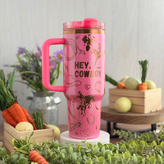 Hey Cowboy Western Engraved Pink Shimmer to Copper 40oz Tumbler