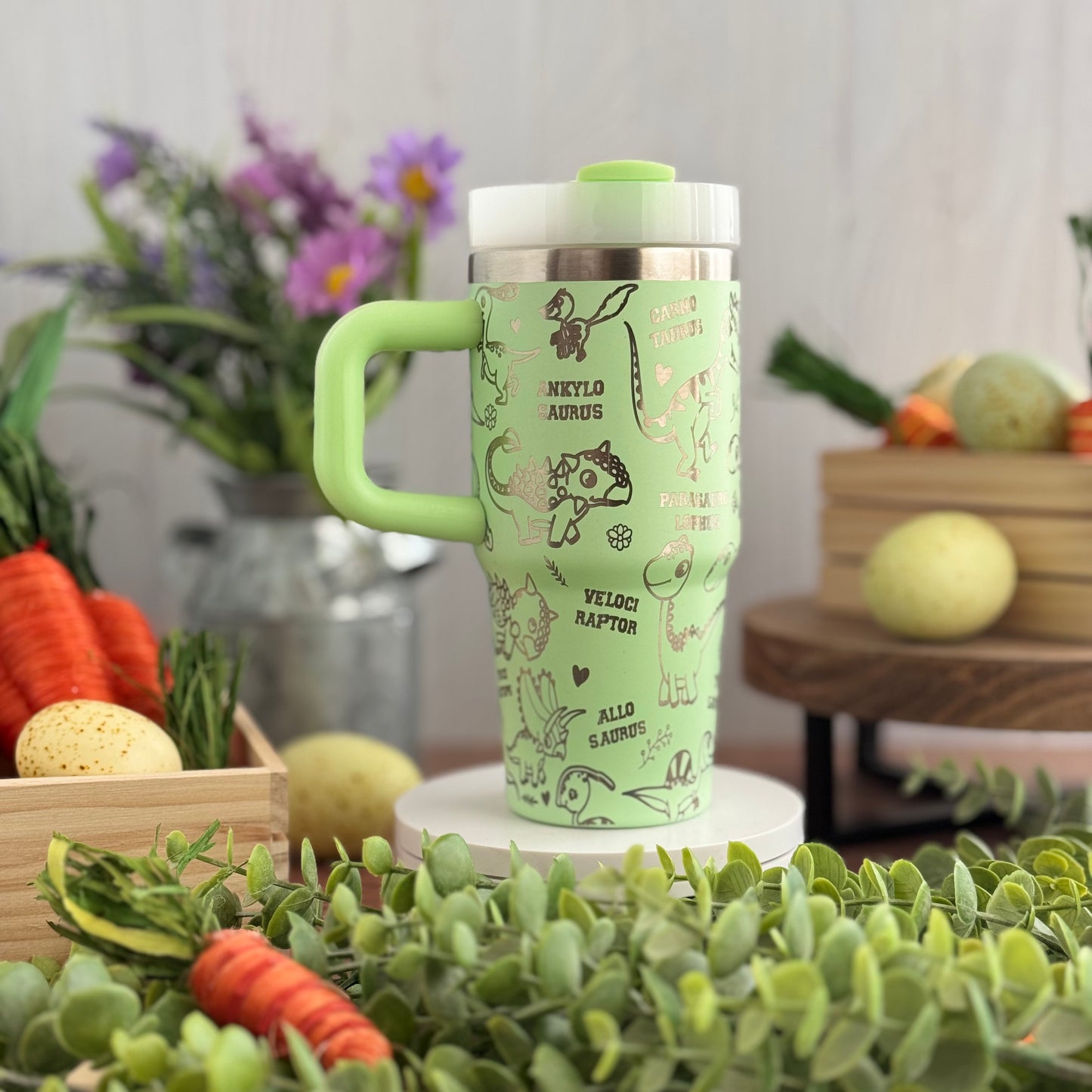 Dinosaur Engraved Pastel Green 14oz Tumbler