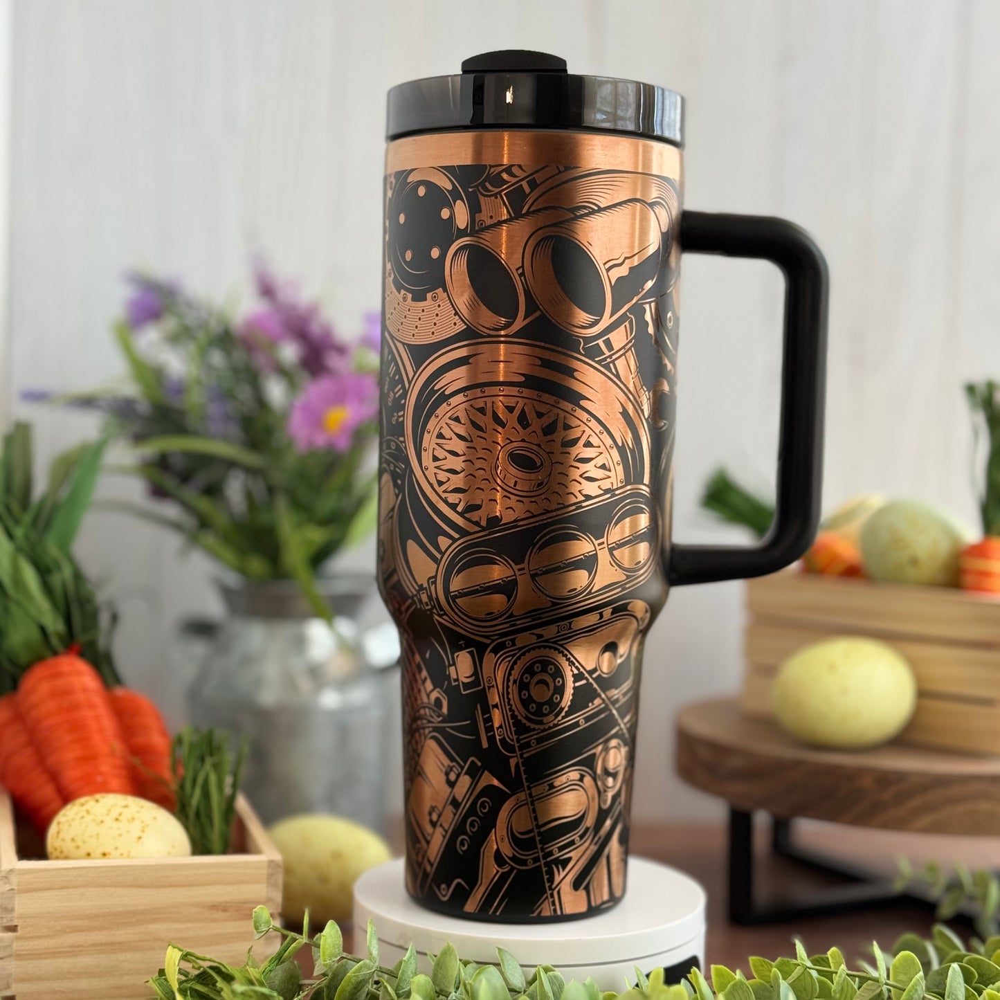 Gearhead Engraved Car Guy Tumbler Black to Copper 40oz