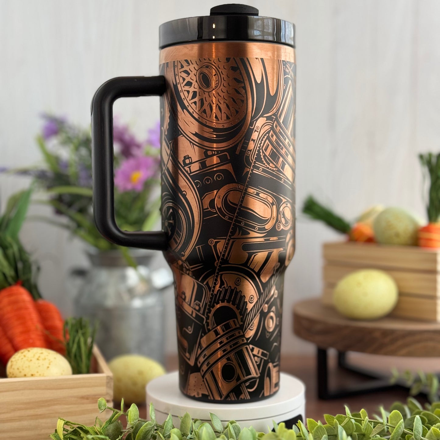 Gearhead Engraved Car Guy Tumbler Black to Copper 40oz