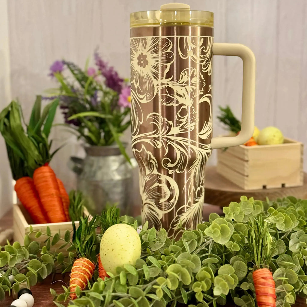 Inverted Western Tooled Leather Tumbler (30oz, 40oz, + Stanleys)