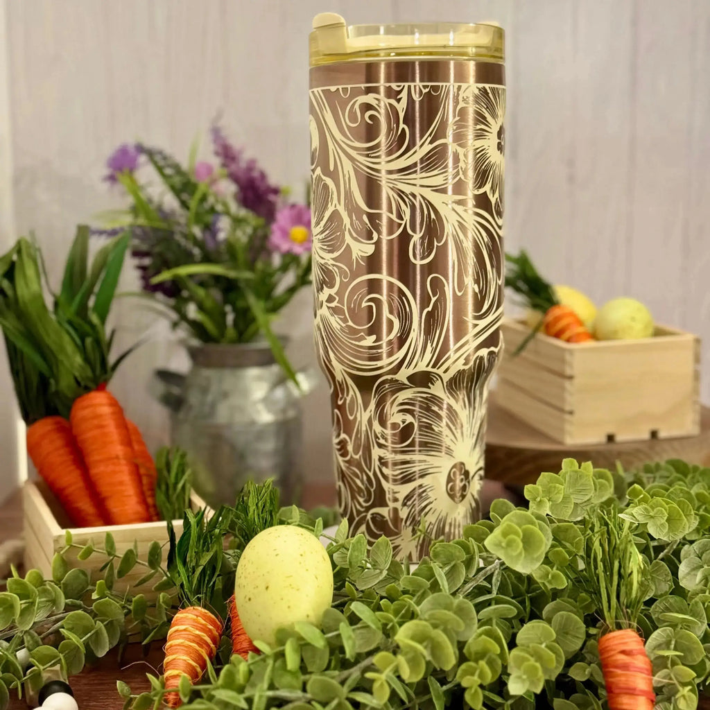 Inverted Western Tooled Leather Tumbler (30oz, 40oz, + Stanleys)