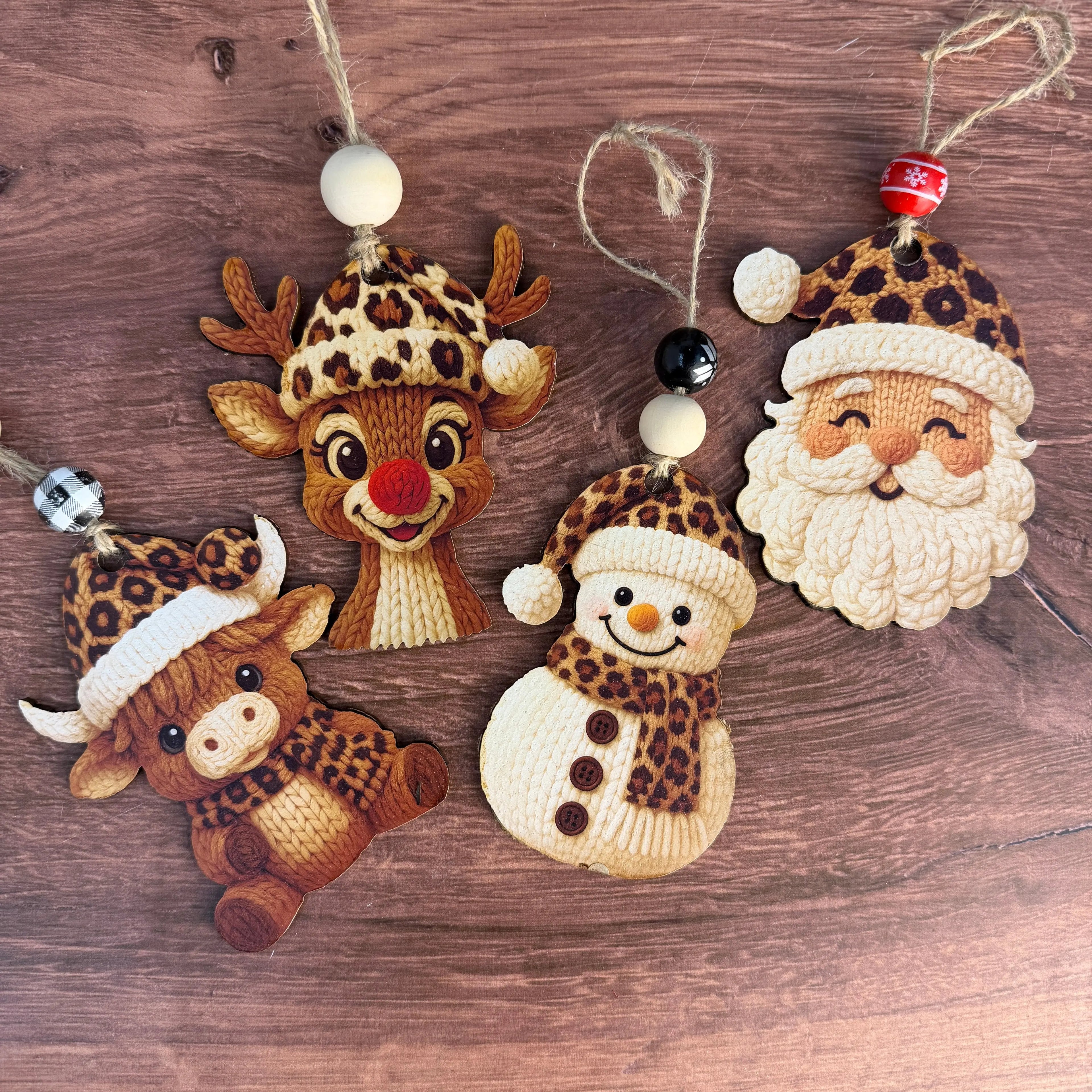 Leopard Knit Christmas Ornaments – Reindeer, Snowman, Highland Cow & Santa 