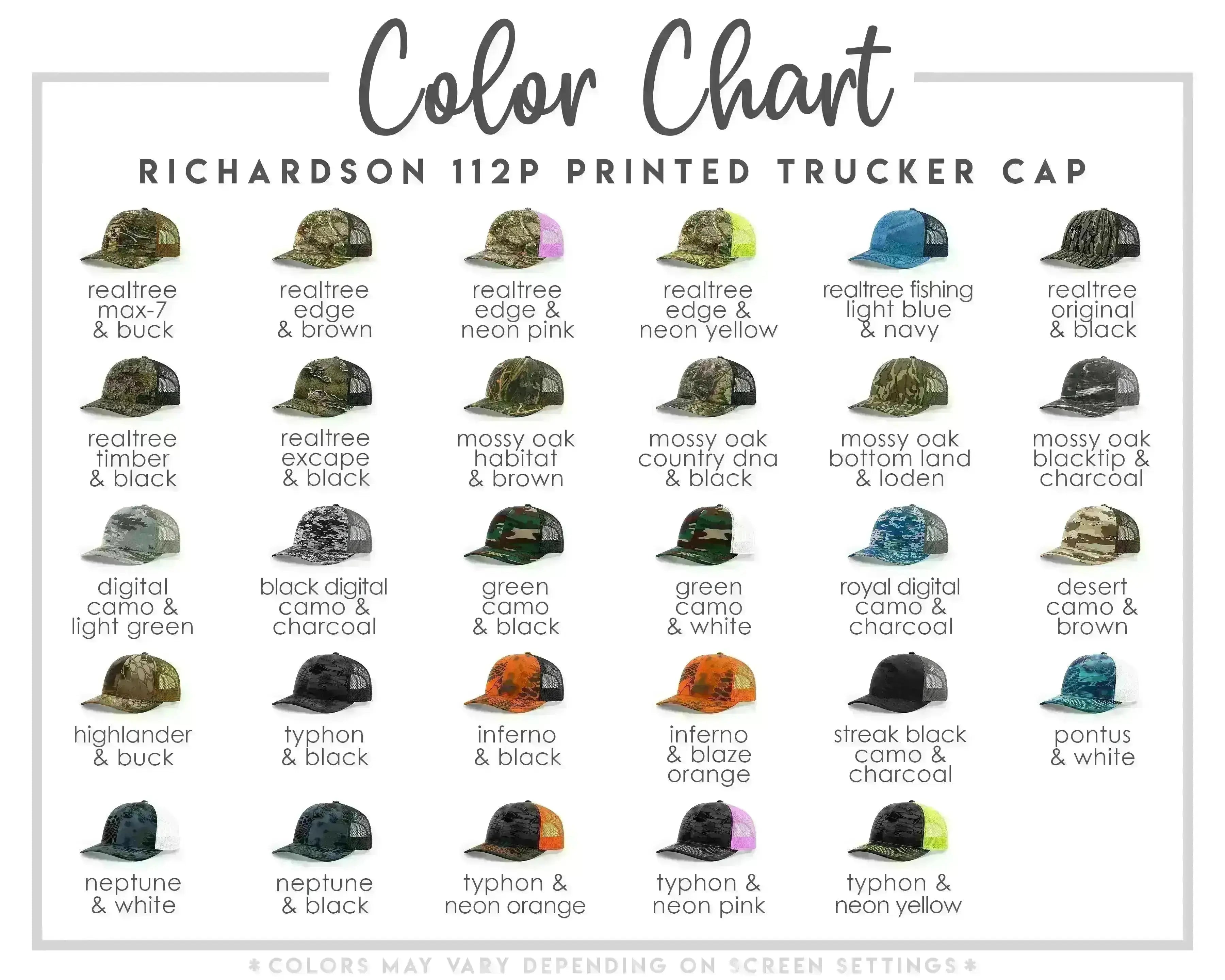 The image is a color chart for a printed trucker cap, displaying various camouflage patterns and colors.