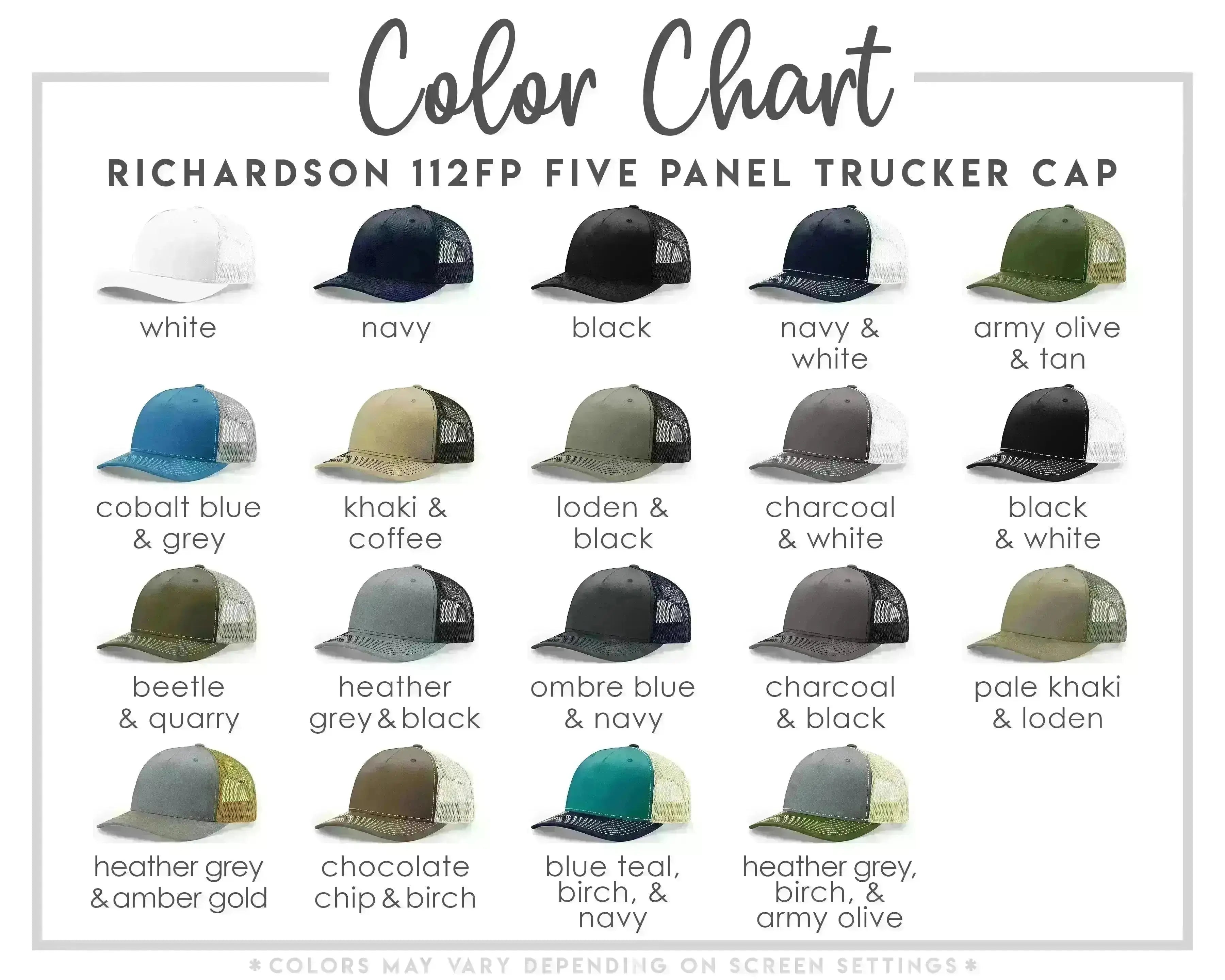 a color chart for a five-panel trucker cap, showing various color options such as white, navy, black, army olive, and more.