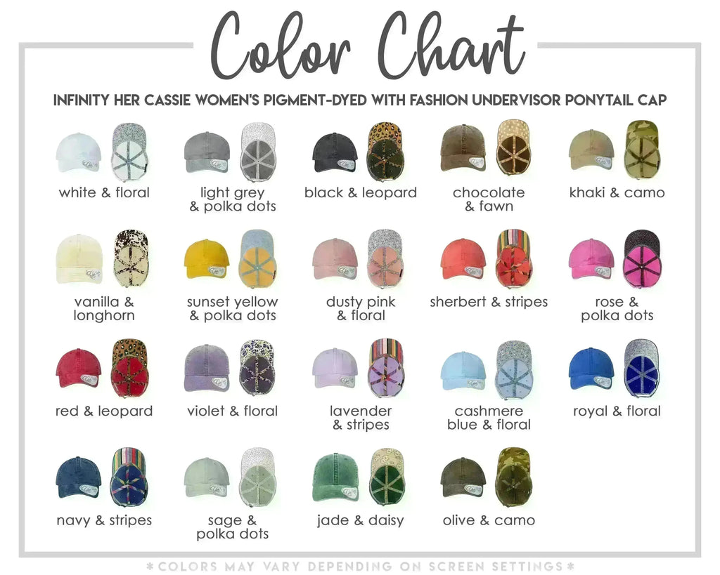 a collection of 16 different hats in various colors and styles, including white and floral, light grey and polka dots, black and leopard print, chocolate & fawn, khaki & camo, vanilla & floral, sunset yellow & polka dots, dusty pink & floral, Sherbert & stripes, rose & polka dots, red & leopard, violet & floral, lavender & stripes, blue & floral, royal & floral, navy & stripes, and jade & daisy.