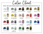 a collection of 16 different hats in various colors and styles, including white and floral, light grey and polka dots, black and leopard print, chocolate & fawn, khaki & camo, vanilla & floral, sunset yellow & polka dots, dusty pink & floral, Sherbert & stripes, rose & polka dots, red & leopard, violet & floral, lavender & stripes, blue & floral, royal & floral, navy & stripes, and jade & daisy.