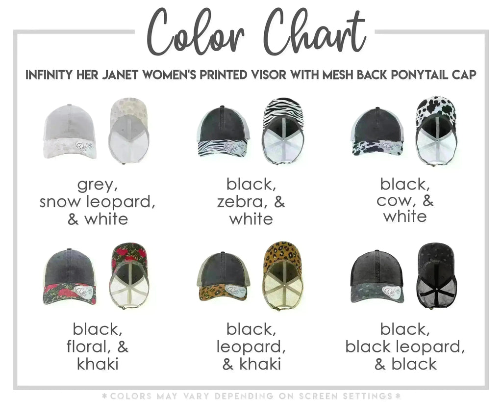 a collection of nine different printed visor hats in various colors and styles, including grey, black, white, and leopard print.