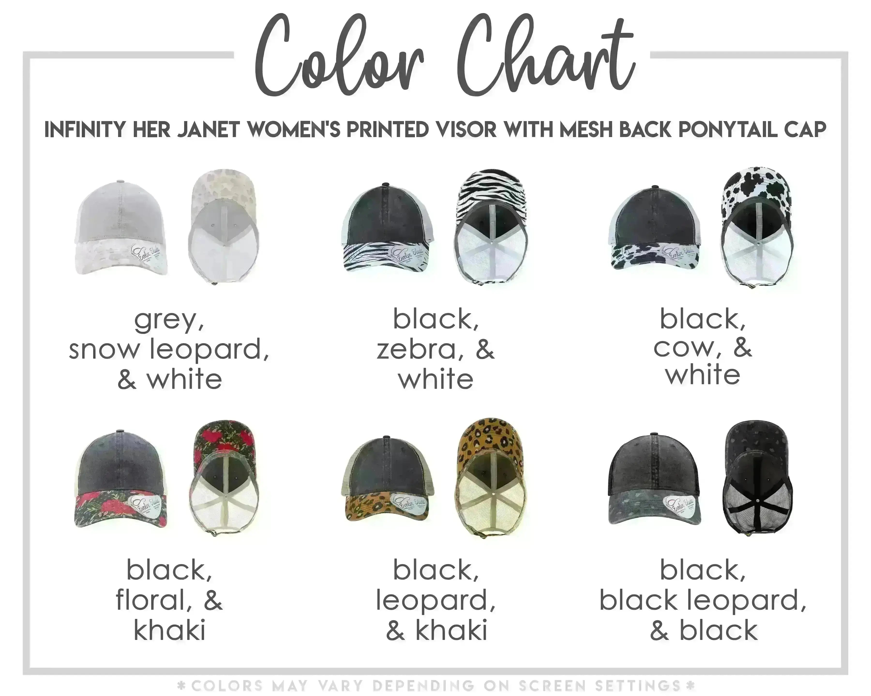 a collection of nine different printed visor hats in various colors and styles, including grey, black, white, and leopard print.