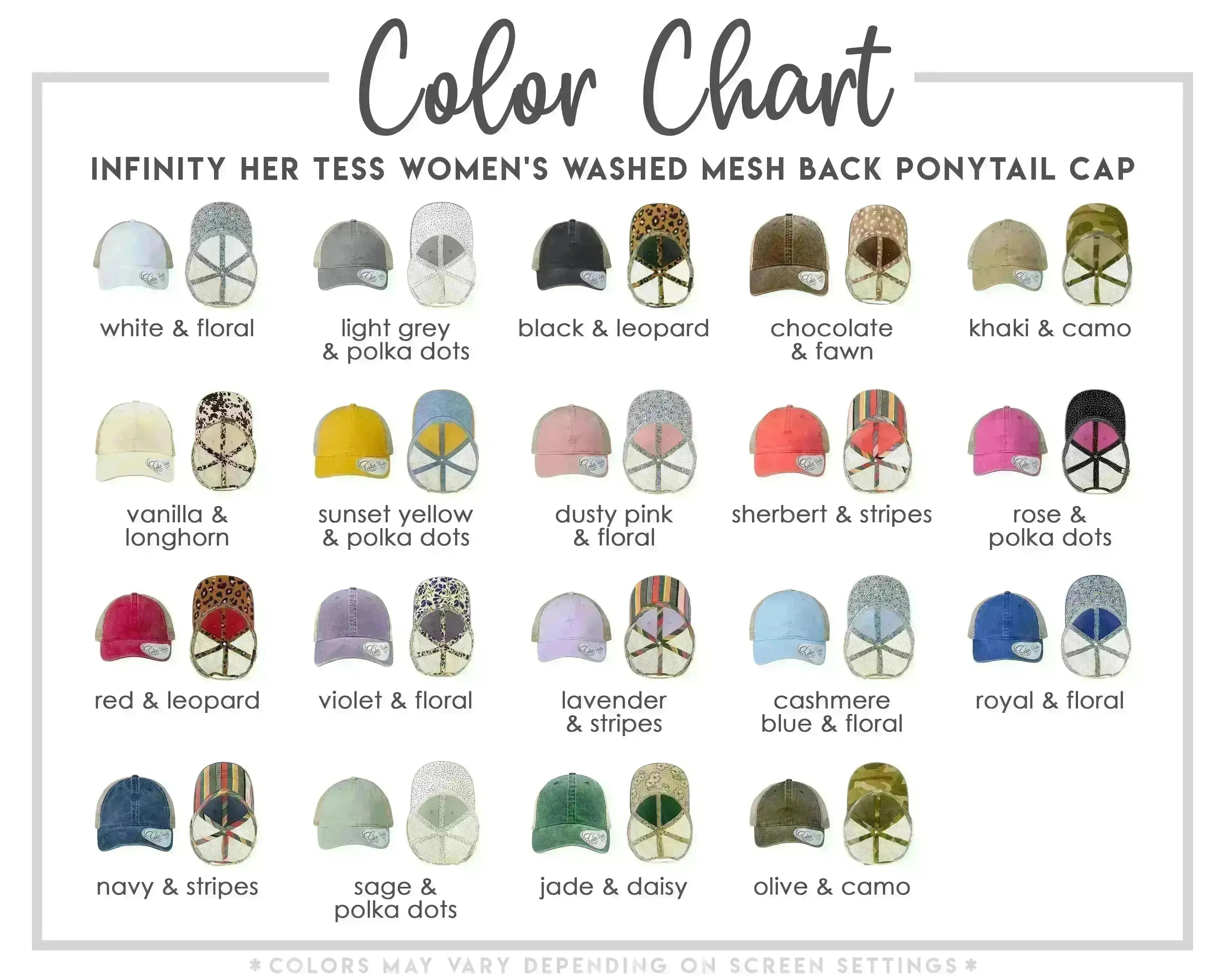 The image is a color chart that displays various types of women's hats in different colors, including white, floral, light grey, black and leopard, chocolate & worn, khaki & camo, vanilla & longhorn, sunset yellow & polka dots, dusty pink & floral, Sherbert & stripes, rose & polka dots, red & leopard, violet & floral, lavender & stripes, blue & floral, royal & floral, navy & stripes, sage & polka dots, jade & daisy, olive & camel, and navy & stripes.