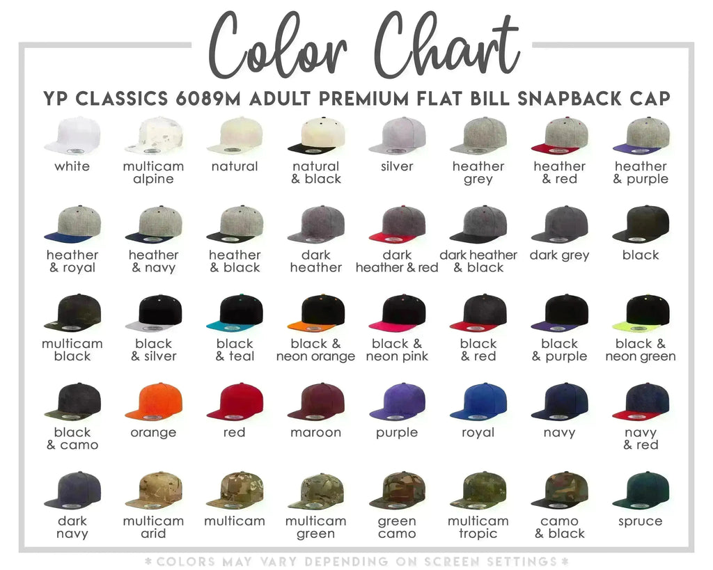 The image is a color chart displaying various adult flat caps in different colors, including white, multicolored, natural, silver, heather, royal, and navy.