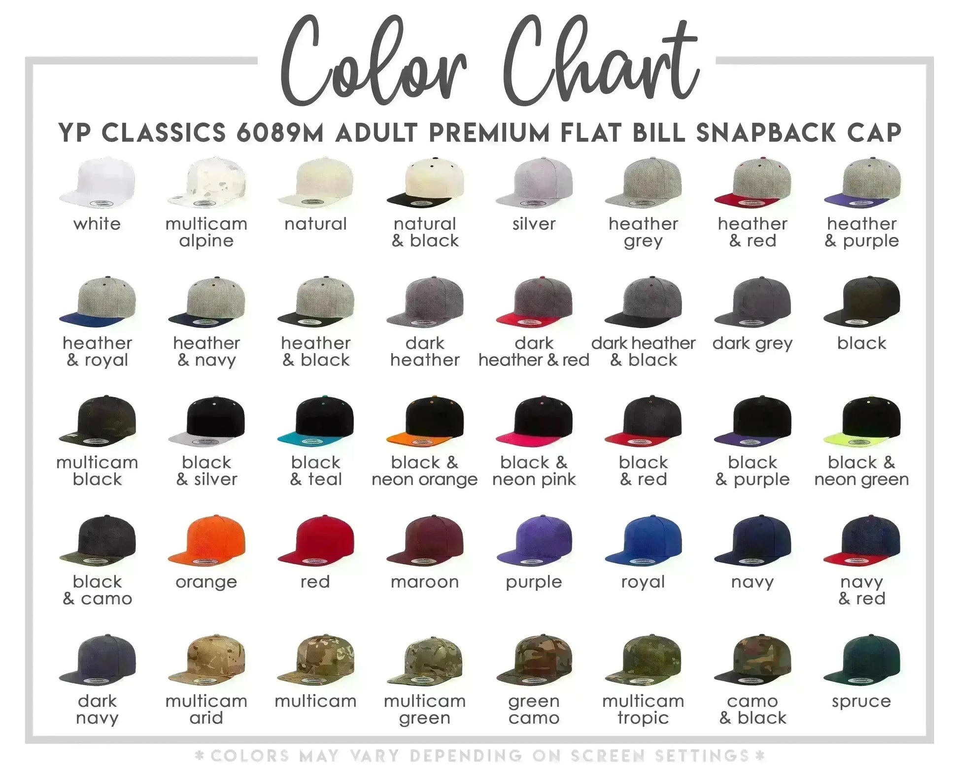 The image is a color chart displaying various adult flat caps in different colors, including white, multicolored, natural, silver, heather, royal, and navy.