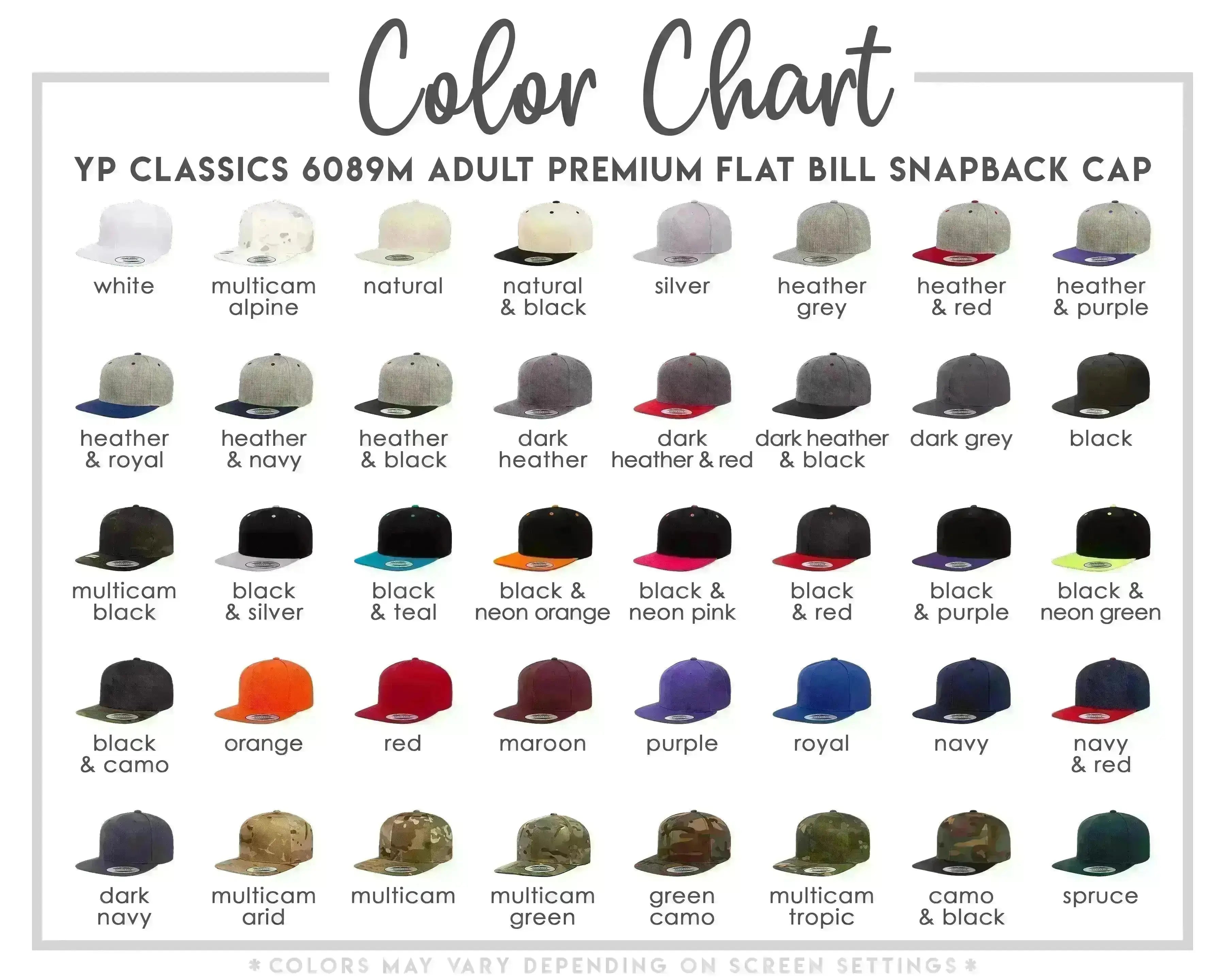 The image is a color chart displaying various adult flat caps in different colors, including white, multicolored, natural, silver, heather, royal, and navy.