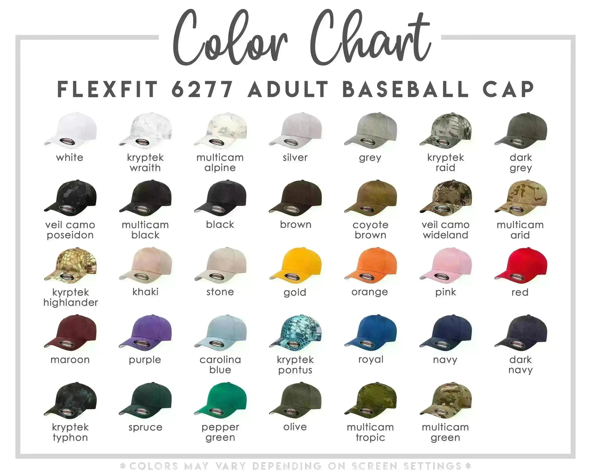 Color Chart Flexfit 627 adult baseball cap