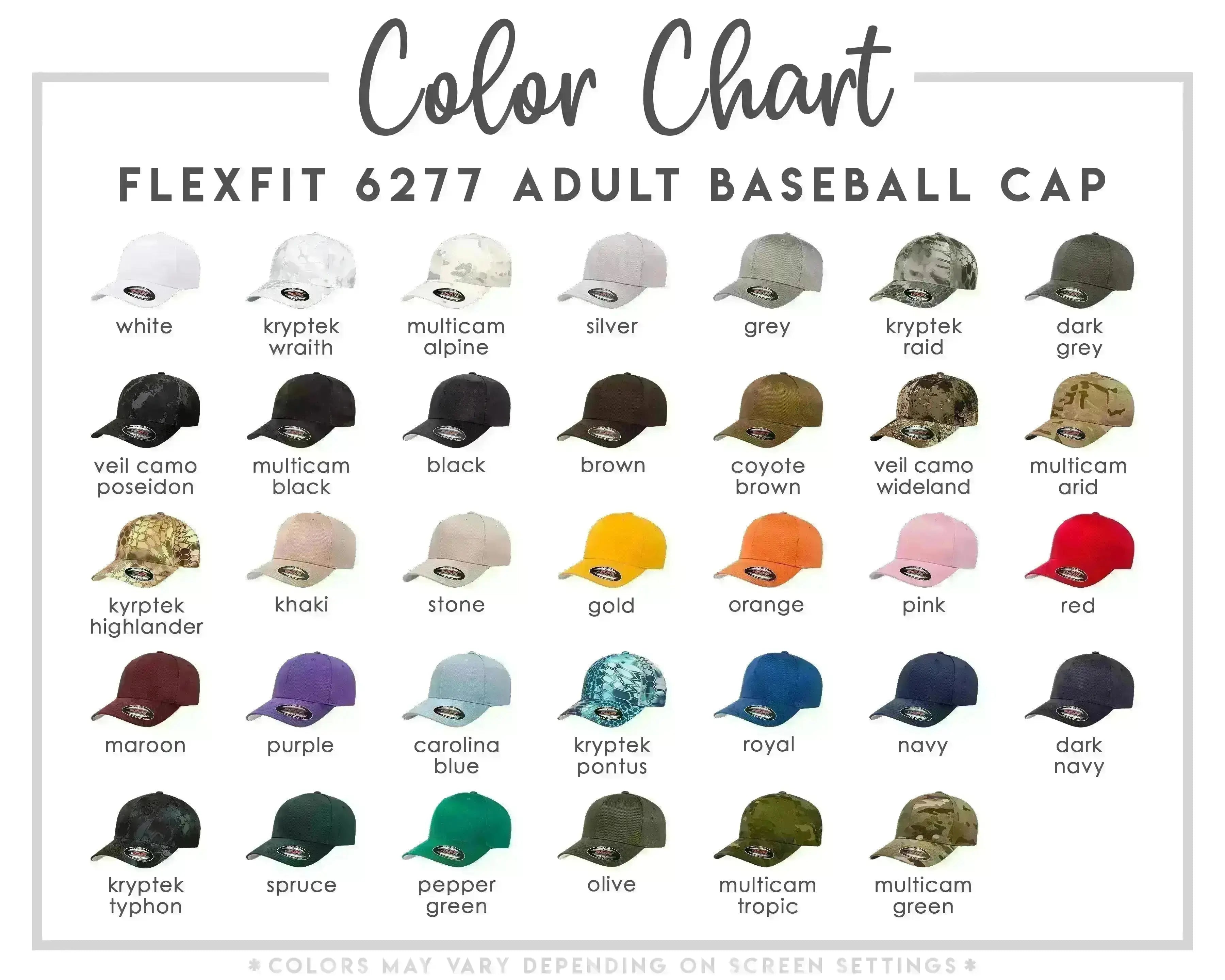 Color Chart Flexfit 627 adult baseball cap